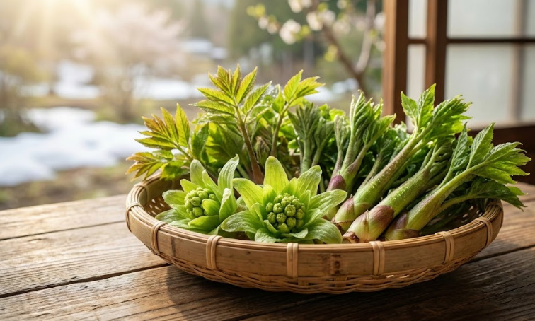 雪解けの風景と、竹籠に盛られた新鮮な山菜（ふきのとう、たらのめ、うど）。春の光が差し込み、生命力に満ち溢れている。